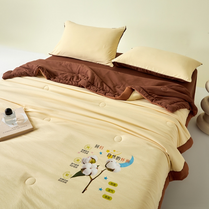 91家纺网 家纺一手货源 找家纺 卡斯诺家纺馆 2026新款水洗棉棉花夏被四件套 奶黄深咖