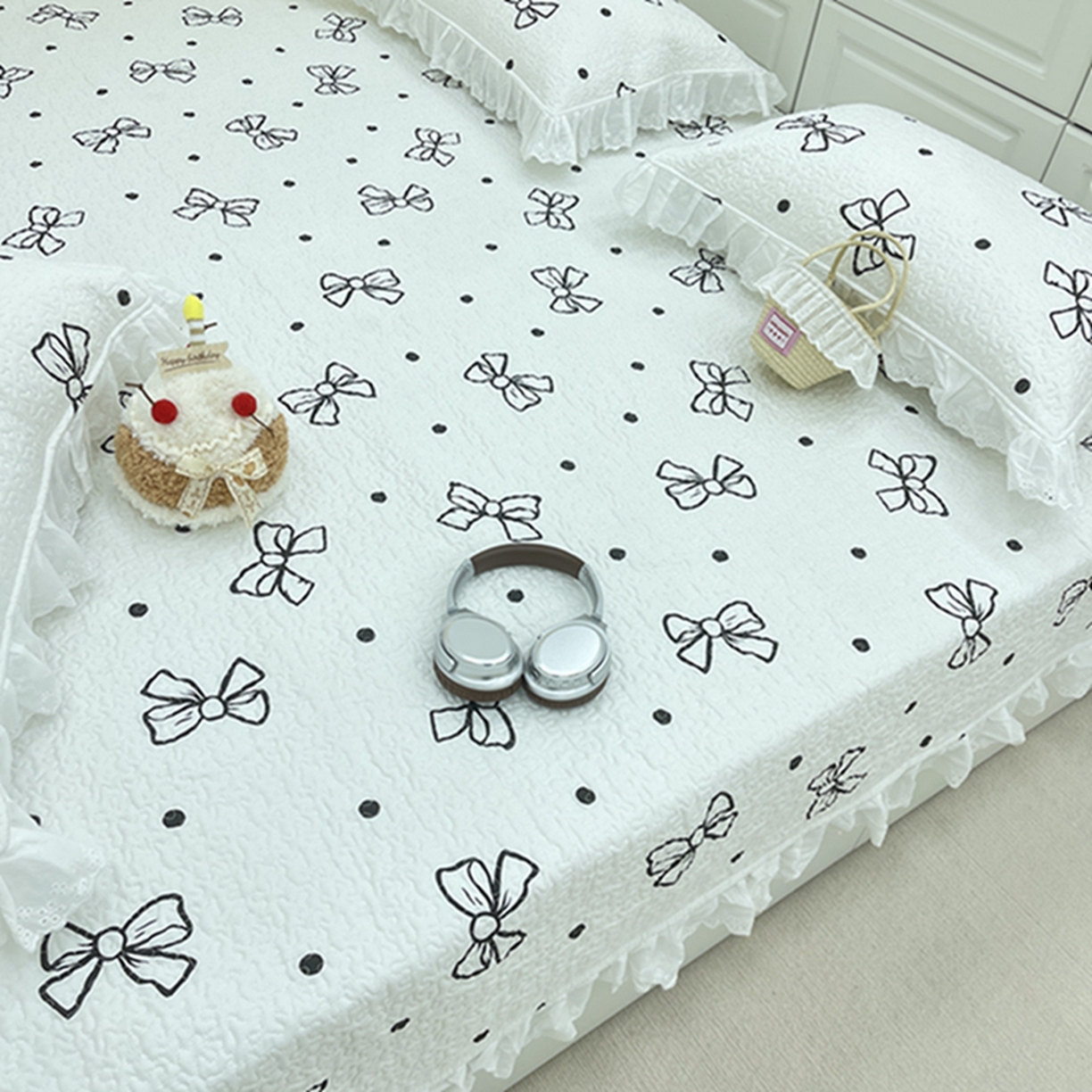 91家纺网 家纺一手货源 找家纺 禧瑞谷 2026法式纯棉绗缝全棉榻榻米床盖防滑加厚纯棉床单夹棉三件套床盖纯棉东北农大炕盖 白波点蝴蝶结