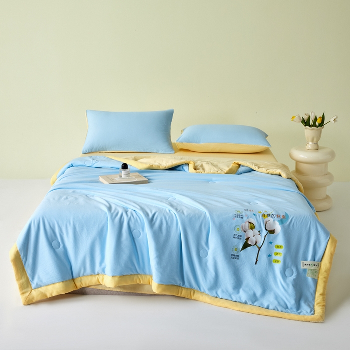 91家纺网 家纺一手货源 找家纺 卡斯诺家纺馆 2026新款水洗棉棉花夏被四件套 天蓝奶黄