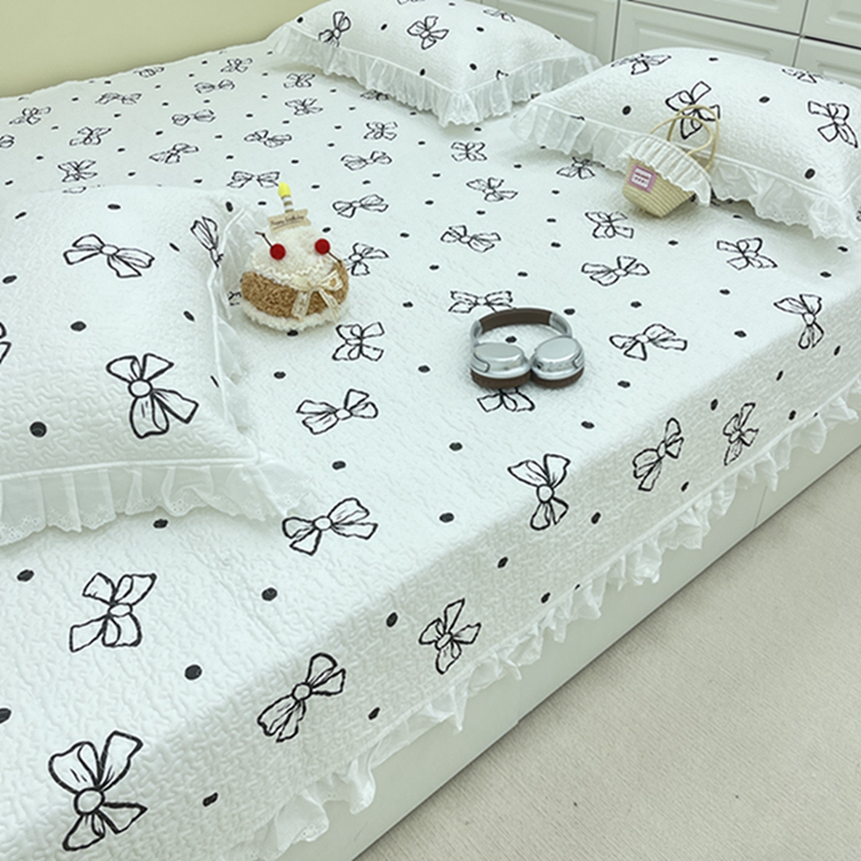 91家纺网 家纺一手货源 找家纺 禧瑞谷 2026法式纯棉绗缝全棉榻榻米床盖防滑加厚纯棉床单夹棉三件套床盖纯棉东北农大炕盖 白波点蝴蝶结