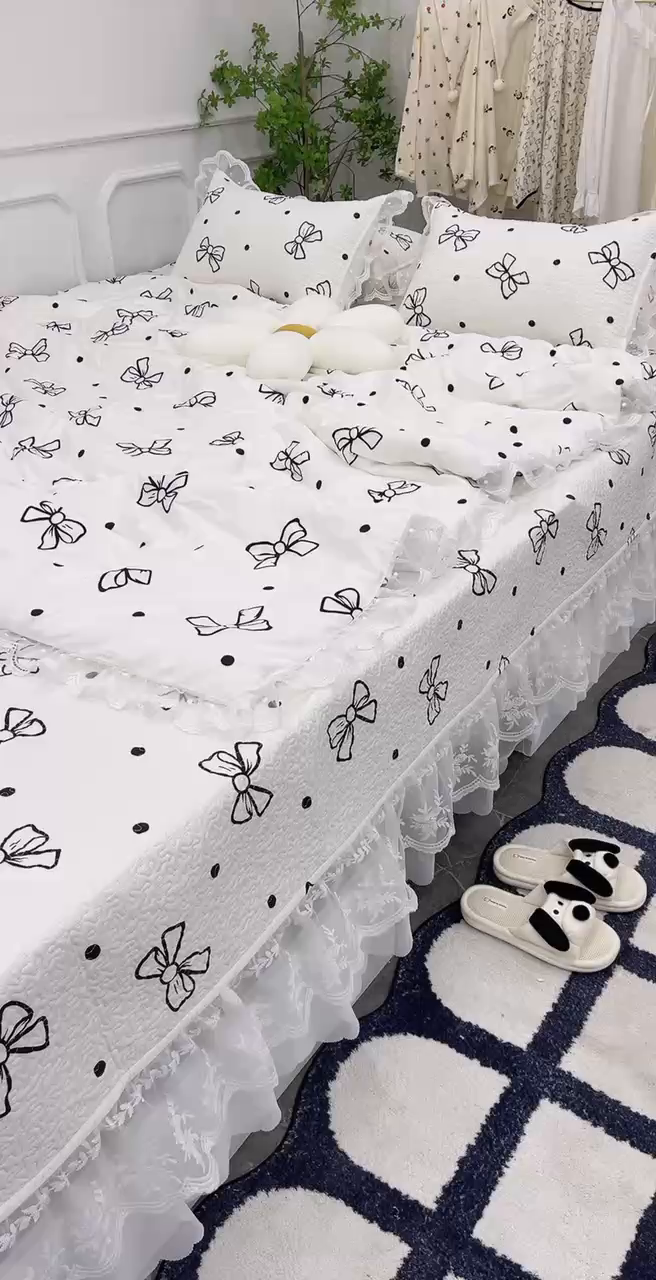 91家纺网 家纺一手货源 找家纺 禧瑞谷 2026法式纯棉绗缝全棉榻榻米床盖防滑加厚纯棉床单夹棉三件套床盖纯棉东北农大炕盖 白波点蝴蝶结