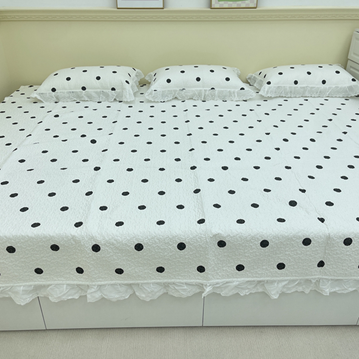 禧瑞谷 2026法式纯棉绗缝全棉榻榻米床盖防滑加厚纯棉床单夹棉三件套床盖纯棉东北农大炕盖 白底波点