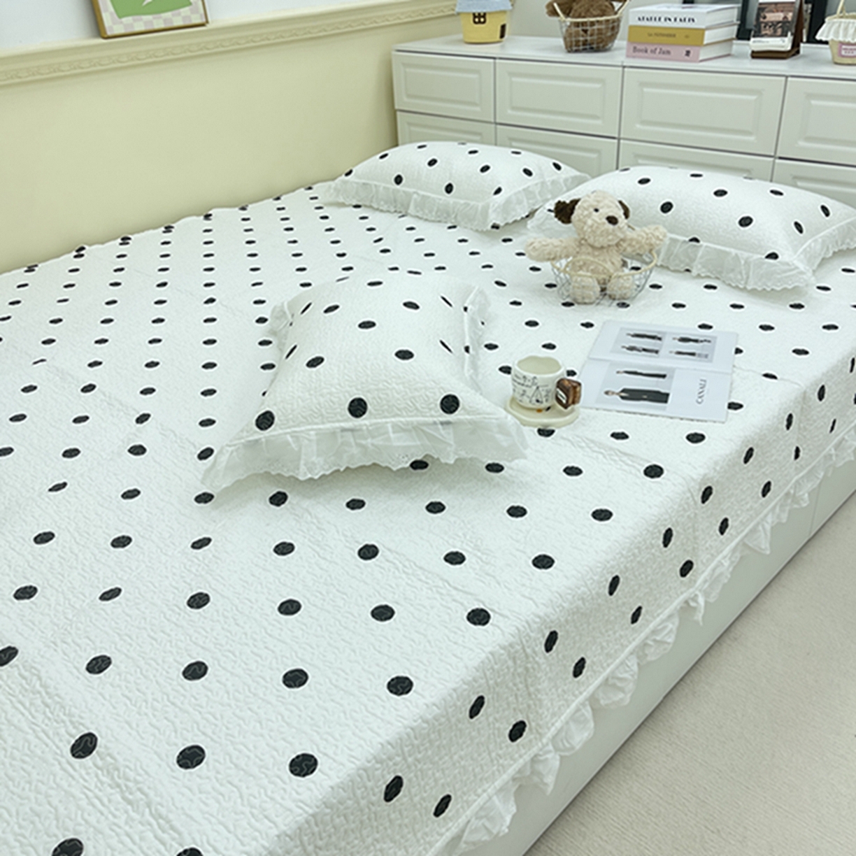 91家纺网 家纺一手货源 找家纺 禧瑞谷 2026法式纯棉绗缝全棉榻榻米床盖防滑加厚纯棉床单夹棉三件套床盖纯棉东北农大炕盖 白底波点