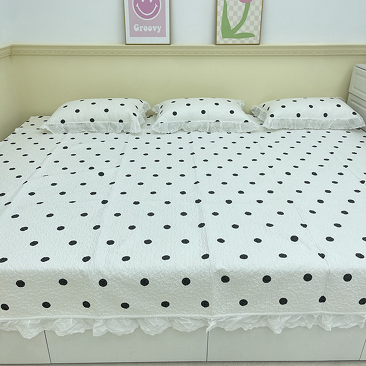 91家纺网 家纺一手货源 找家纺 禧瑞谷 2026法式纯棉绗缝全棉榻榻米床盖防滑加厚纯棉床单夹棉三件套床盖纯棉东北农大炕盖 白底波点