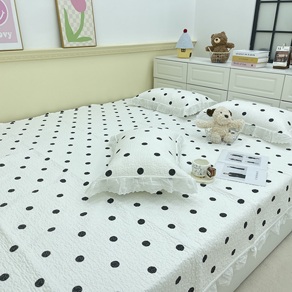 91家纺网 家纺一手货源 找家纺 禧瑞谷 2026法式纯棉绗缝全棉榻榻米床盖防滑加厚纯棉床单夹棉三件套床盖纯棉东北农大炕盖 白底波点