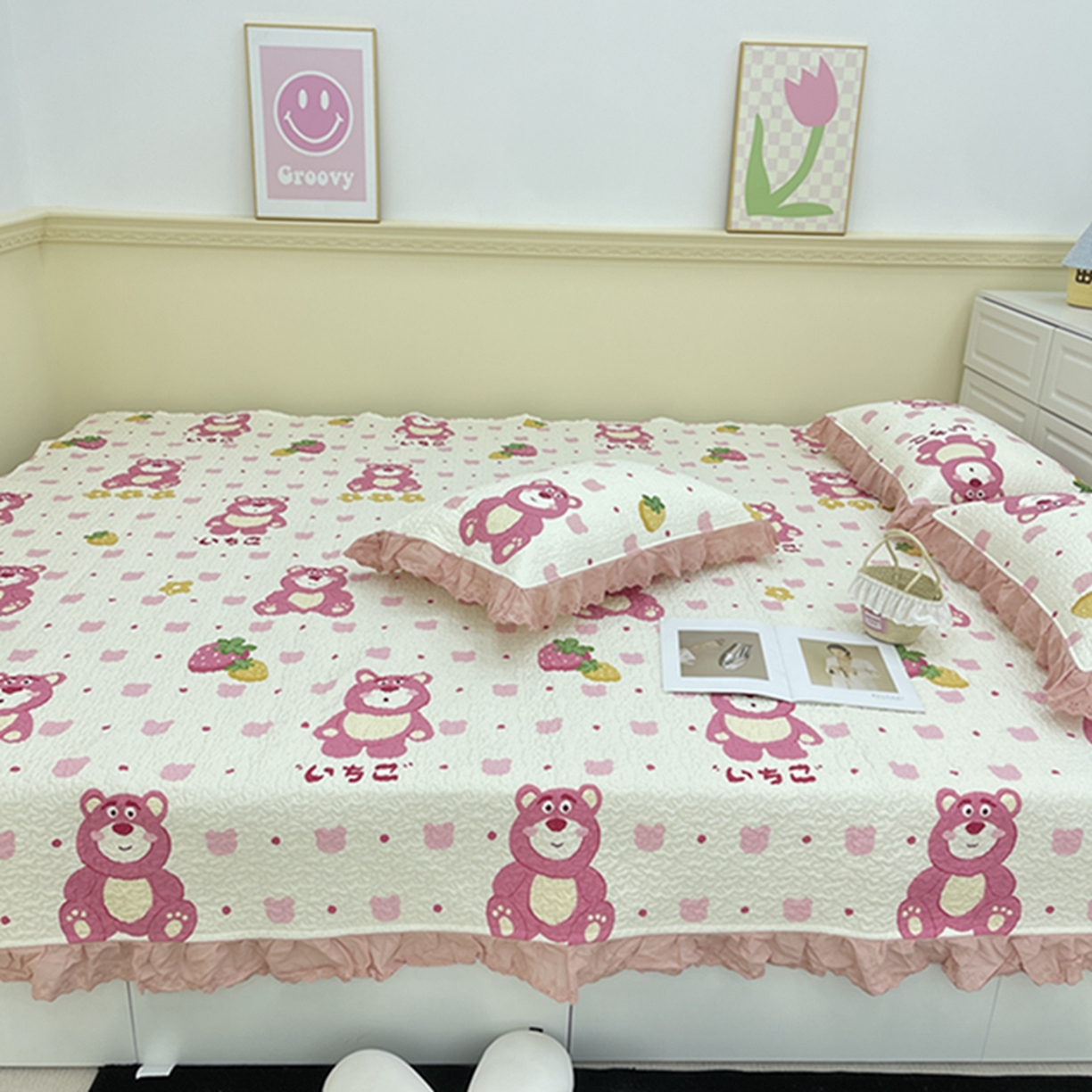 禧瑞谷 2026法式纯棉绗缝全棉榻榻米床盖防滑加厚纯棉床单夹棉三件套床盖纯棉东北农大炕盖 草莓熊