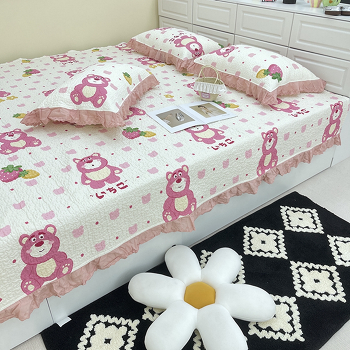 91家纺网 家纺一手货源 找家纺 禧瑞谷 2026法式纯棉绗缝全棉榻榻米床盖防滑加厚纯棉床单夹棉三件套床盖纯棉东北农大炕盖 草莓熊