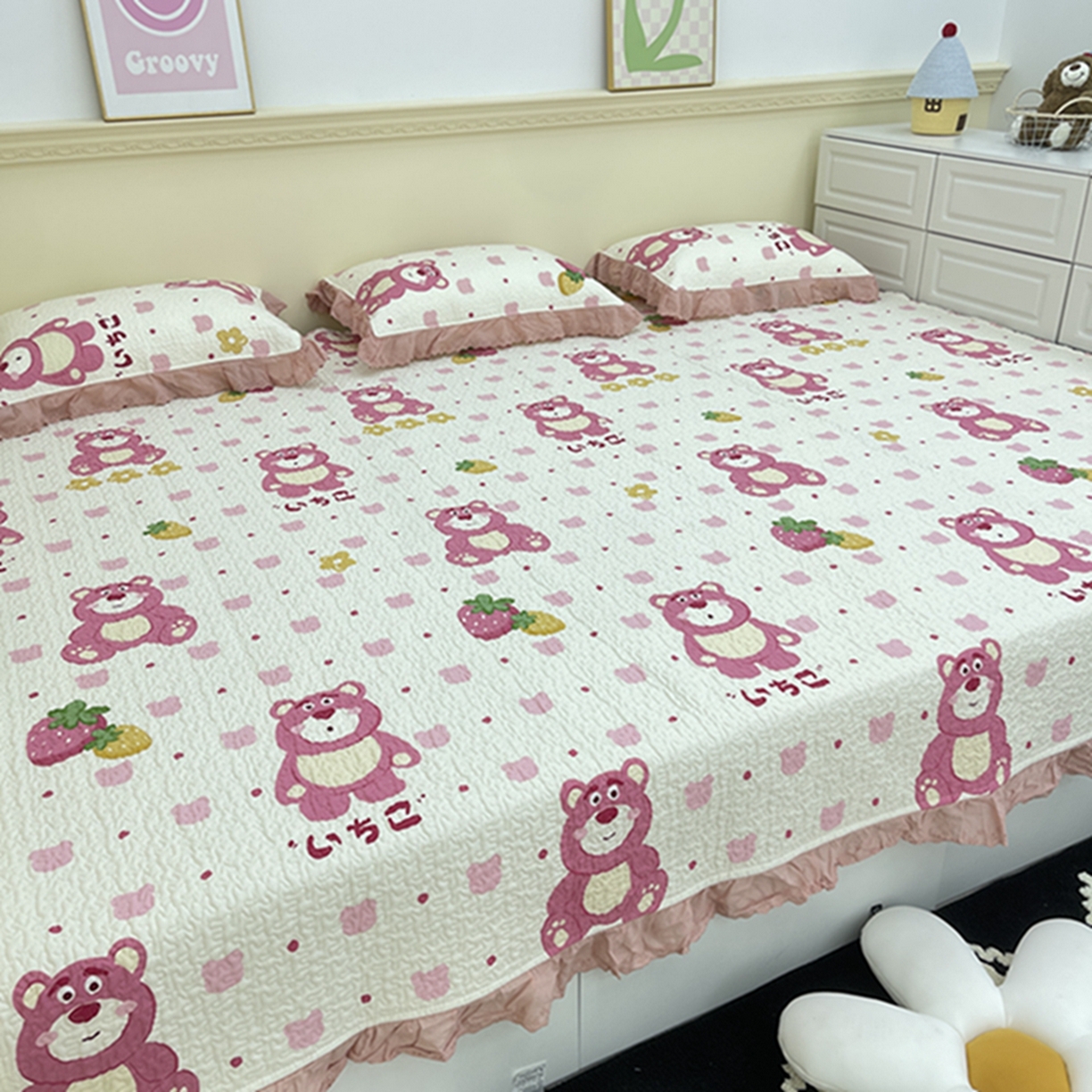 91家纺网 家纺一手货源 找家纺 禧瑞谷 2026法式纯棉绗缝全棉榻榻米床盖防滑加厚纯棉床单夹棉三件套床盖纯棉东北农大炕盖 草莓熊