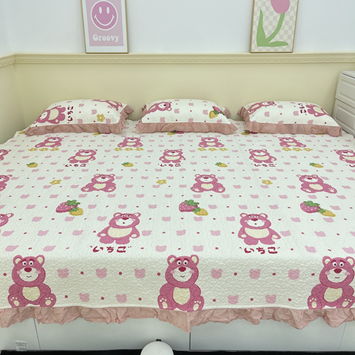 91家纺网 家纺一手货源 找家纺 禧瑞谷 2026法式纯棉绗缝全棉榻榻米床盖防滑加厚纯棉床单夹棉三件套床盖纯棉东北农大炕盖 草莓熊