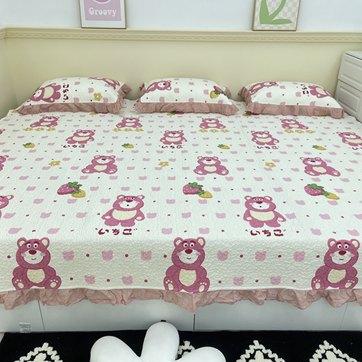 91家纺网 家纺一手货源 找家纺 禧瑞谷 2026法式纯棉绗缝全棉榻榻米床盖防滑加厚纯棉床单夹棉三件套床盖纯棉东北农大炕盖 草莓熊