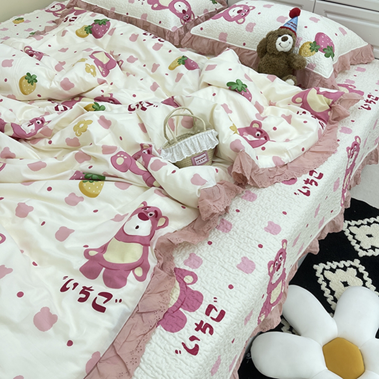 91家纺网 家纺一手货源 找家纺 禧瑞谷 2026法式纯棉绗缝全棉榻榻米床盖防滑加厚纯棉床单夹棉三件套床盖纯棉东北农大炕盖 草莓熊