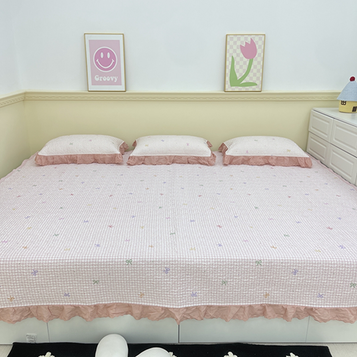 禧瑞谷 2026法式纯棉绗缝全棉榻榻米床盖防滑加厚纯棉床单夹棉三件套床盖纯棉东北农大炕盖 粉格子蝴蝶结