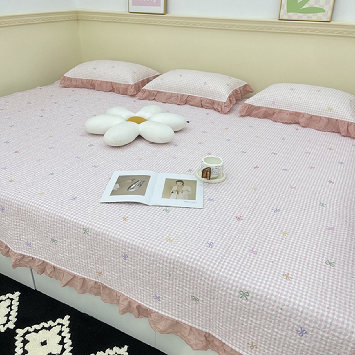 91家纺网 家纺一手货源 找家纺 禧瑞谷 2026法式纯棉绗缝全棉榻榻米床盖防滑加厚纯棉床单夹棉三件套床盖纯棉东北农大炕盖 粉格子蝴蝶结