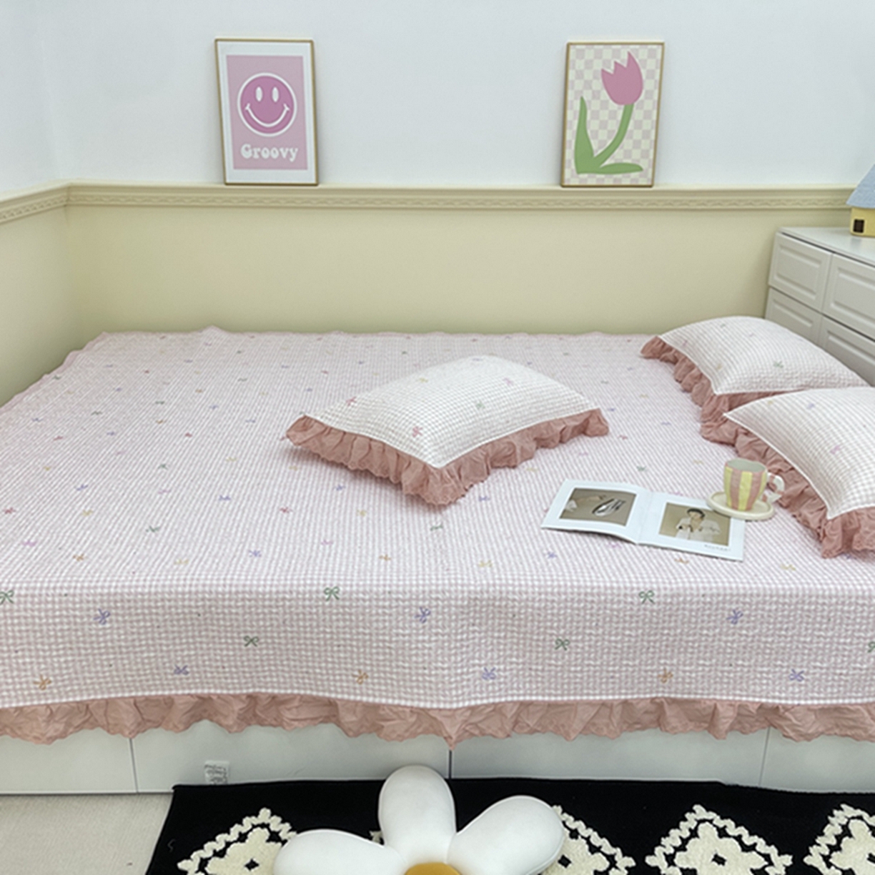 91家纺网 家纺一手货源 找家纺 禧瑞谷 2026法式纯棉绗缝全棉榻榻米床盖防滑加厚纯棉床单夹棉三件套床盖纯棉东北农大炕盖 粉格子蝴蝶结