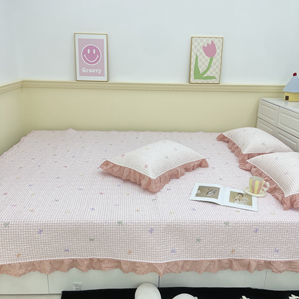 91家纺网 家纺一手货源 找家纺 禧瑞谷 2026法式纯棉绗缝全棉榻榻米床盖防滑加厚纯棉床单夹棉三件套床盖纯棉东北农大炕盖 粉格子蝴蝶结