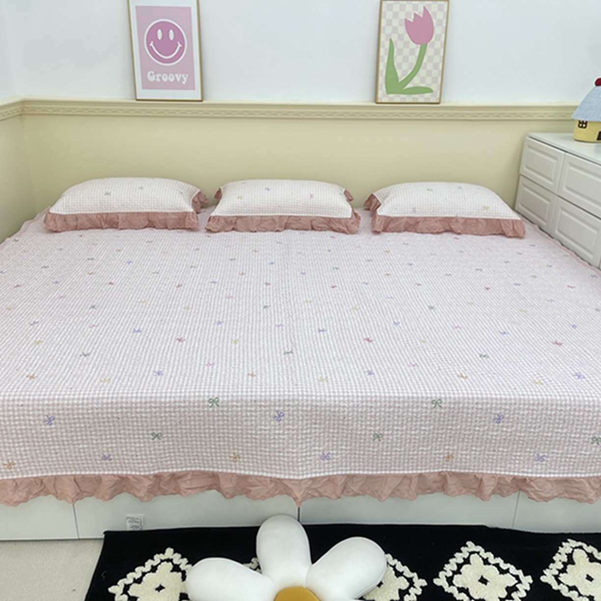 91家纺网 家纺一手货源 找家纺 禧瑞谷 2026法式纯棉绗缝全棉榻榻米床盖防滑加厚纯棉床单夹棉三件套床盖纯棉东北农大炕盖 粉格子蝴蝶结