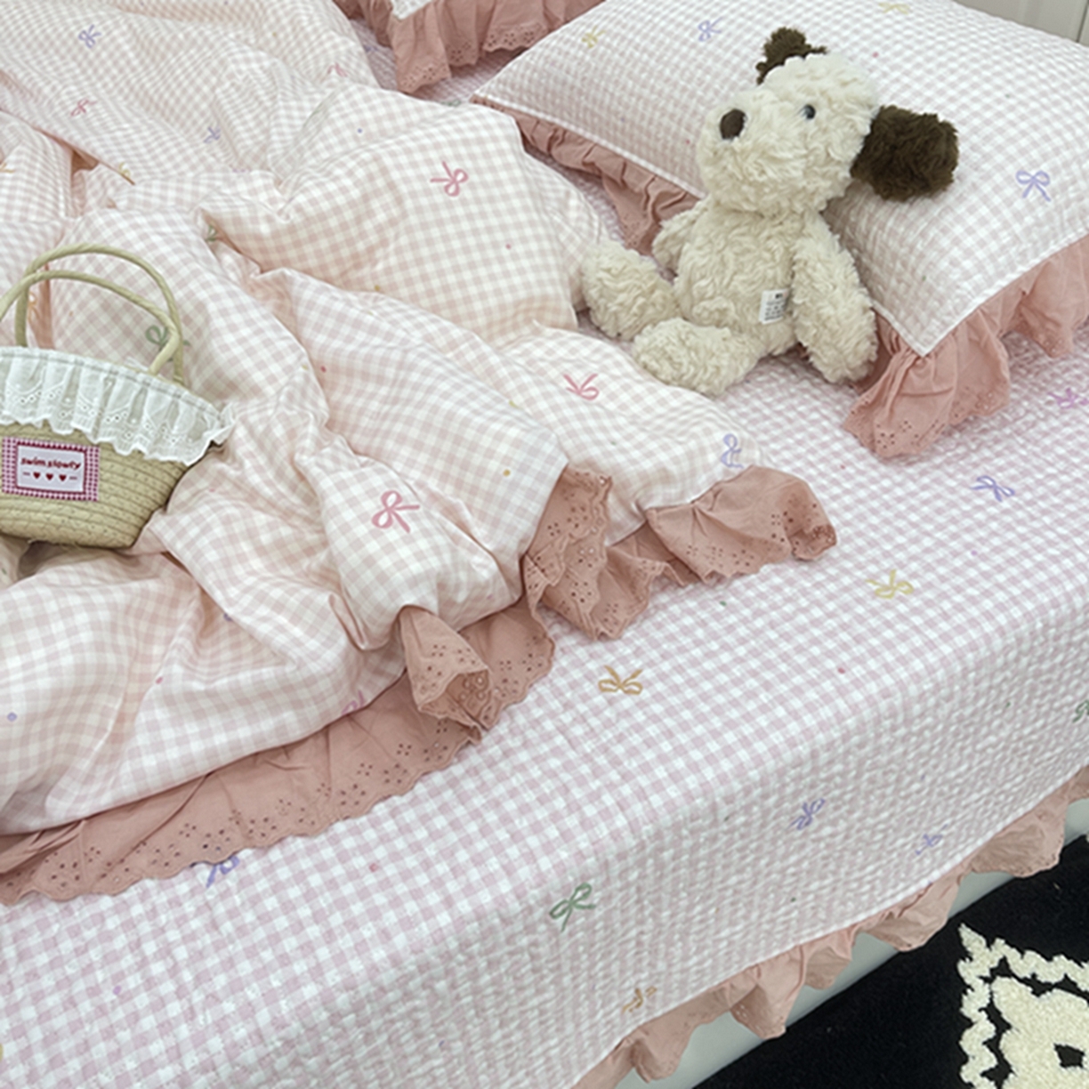 91家纺网 家纺一手货源 找家纺 禧瑞谷 2026法式纯棉绗缝全棉榻榻米床盖防滑加厚纯棉床单夹棉三件套床盖纯棉东北农大炕盖 粉格子蝴蝶结