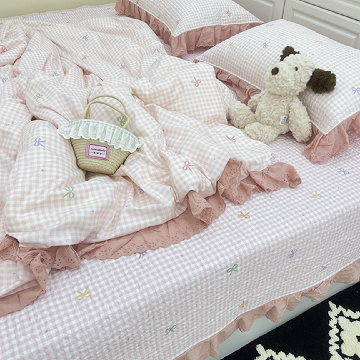 91家纺网 家纺一手货源 找家纺 禧瑞谷 2026法式纯棉绗缝全棉榻榻米床盖防滑加厚纯棉床单夹棉三件套床盖纯棉东北农大炕盖 粉格子蝴蝶结