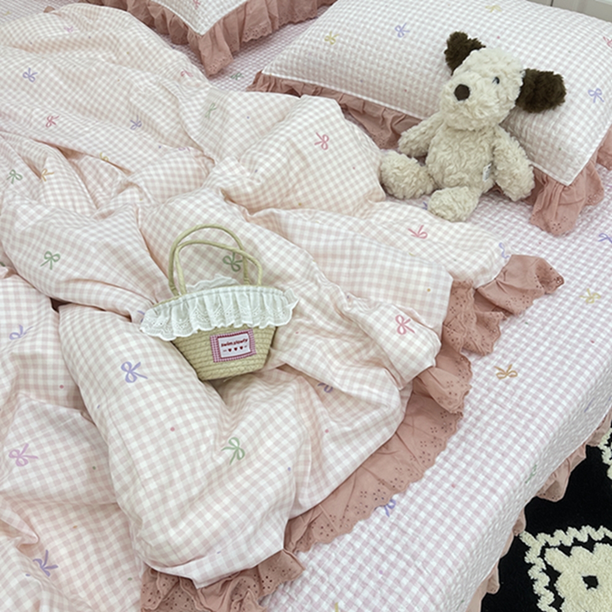 91家纺网 家纺一手货源 找家纺 禧瑞谷 2026法式纯棉绗缝全棉榻榻米床盖防滑加厚纯棉床单夹棉三件套床盖纯棉东北农大炕盖 粉格子蝴蝶结