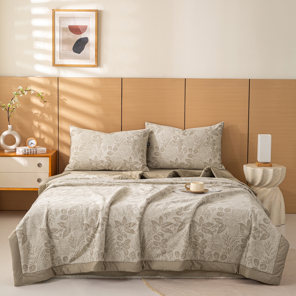 91家纺网 家纺一手货源 找家纺 恋人优选 2026新款全棉三层提花夏被空调被 茎叶时光-咖