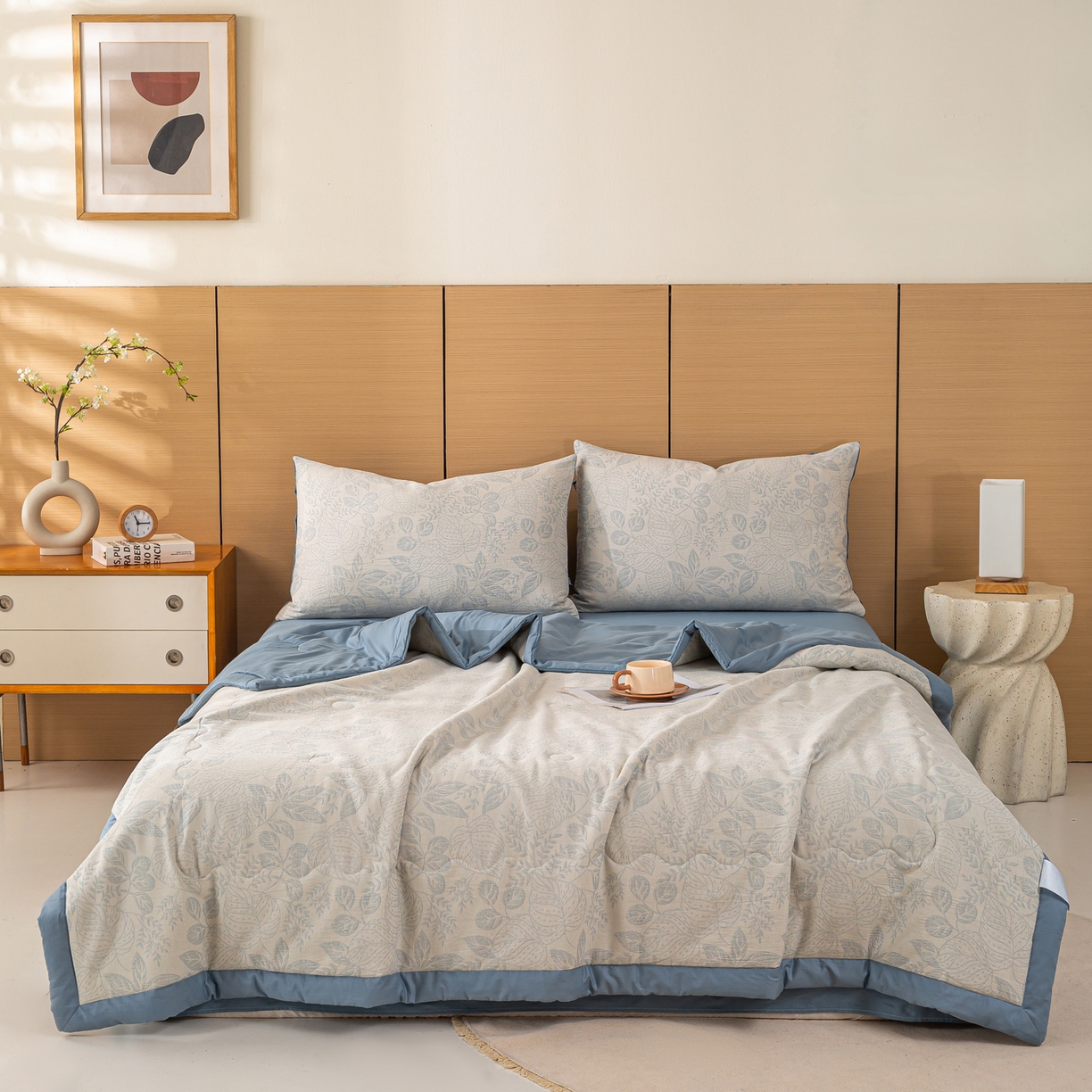 91家纺网 家纺一手货源 找家纺 恋人优选 2026新款全棉三层提花夏被空调被 茎叶时光-蓝