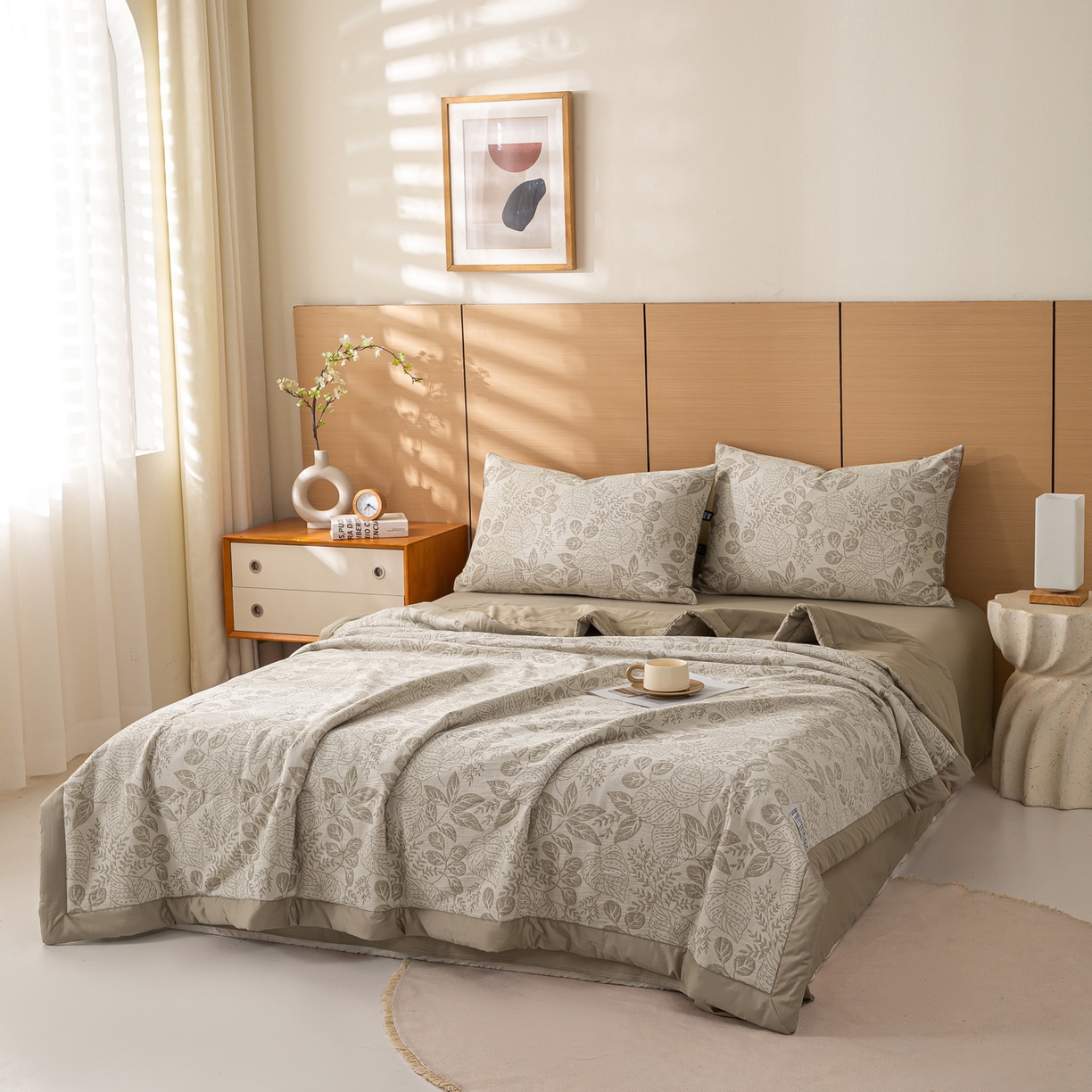 91家纺网 家纺一手货源 找家纺 恋人优选 2026新款全棉三层提花夏被空调被 茎叶时光-咖