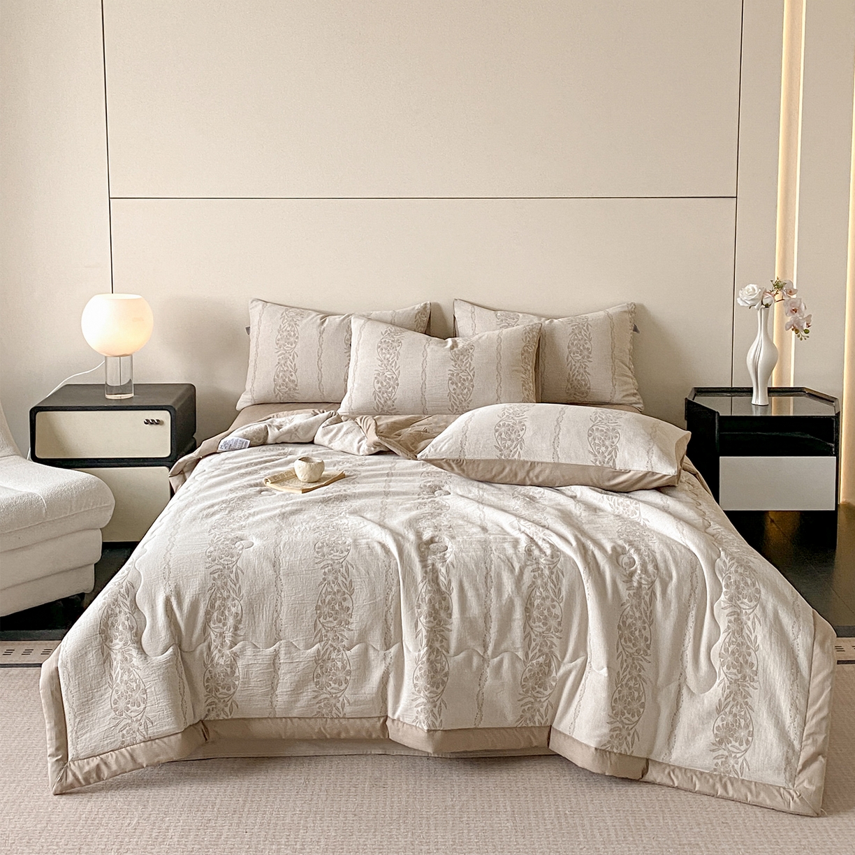 91家纺网 家纺一手货源 找家纺 恋人优选 2026新款全棉三层提花夏被空调被 花蔓吟-咖