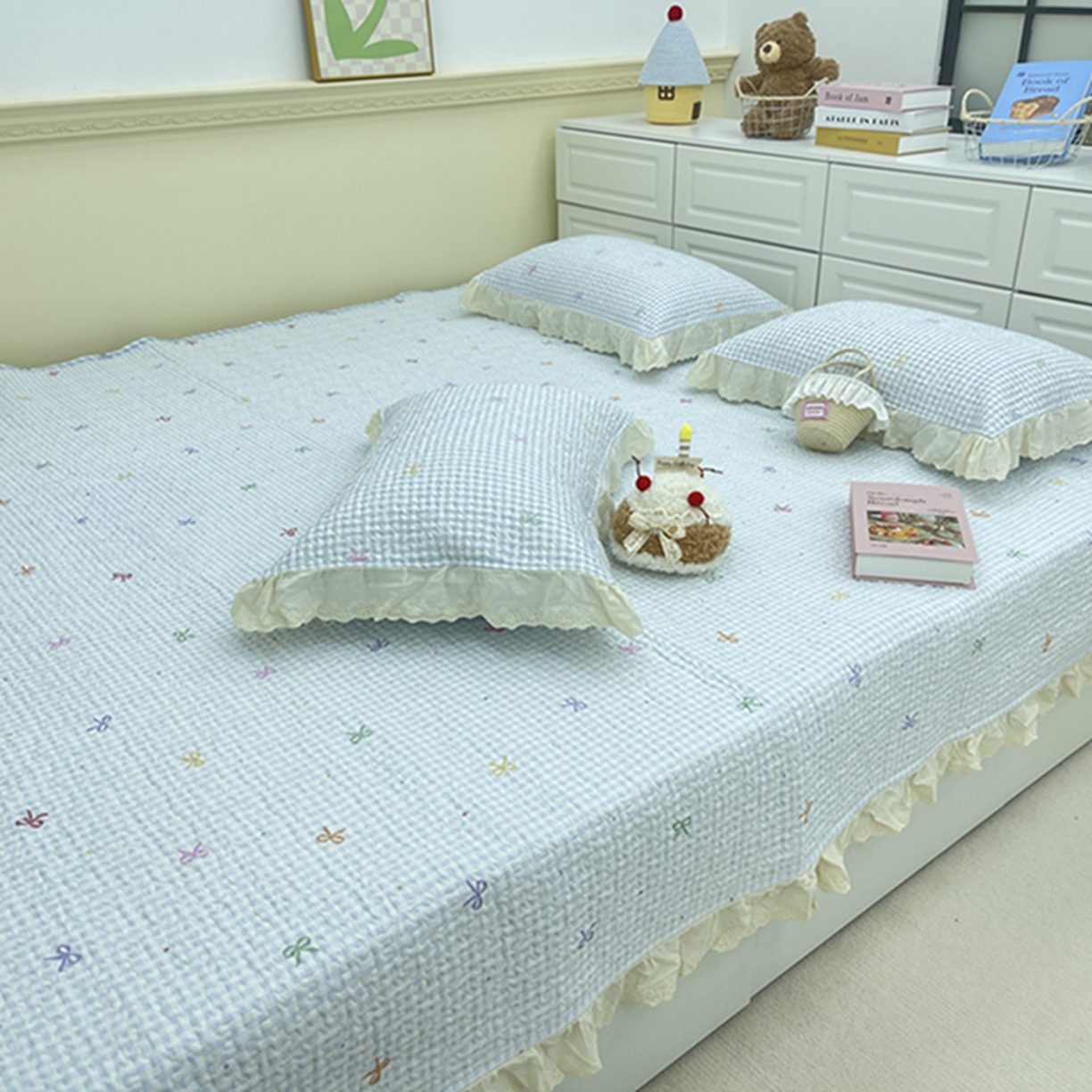 91家纺网 家纺一手货源 找家纺 禧瑞谷 2026法式纯棉绗缝全棉榻榻米床盖防滑加厚纯棉床单夹棉三件套床盖纯棉东北农大炕盖 格子蝴蝶结