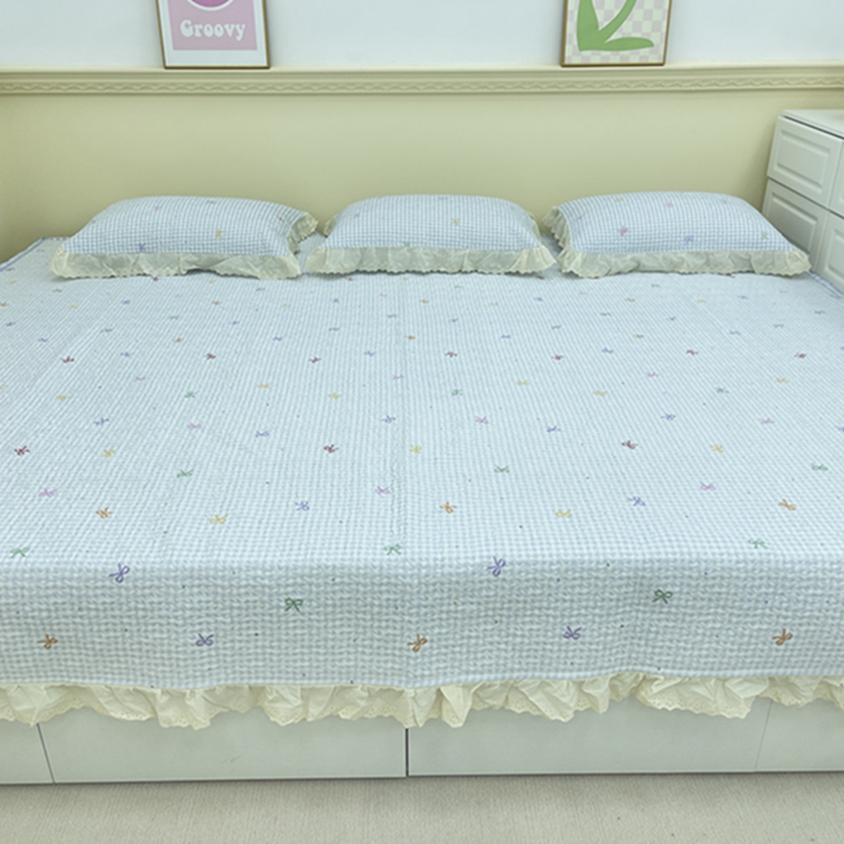 91家纺网 家纺一手货源 找家纺 禧瑞谷 2026法式纯棉绗缝全棉榻榻米床盖防滑加厚纯棉床单夹棉三件套床盖纯棉东北农大炕盖 格子蝴蝶结