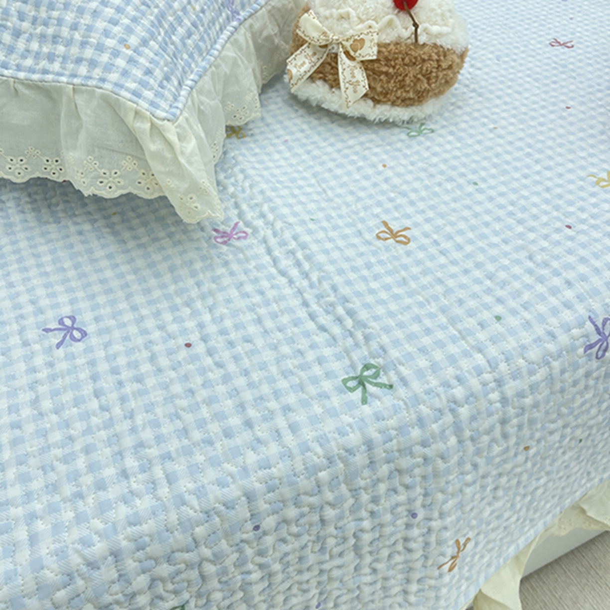 91家纺网 家纺一手货源 找家纺 禧瑞谷 2026法式纯棉绗缝全棉榻榻米床盖防滑加厚纯棉床单夹棉三件套床盖纯棉东北农大炕盖 格子蝴蝶结