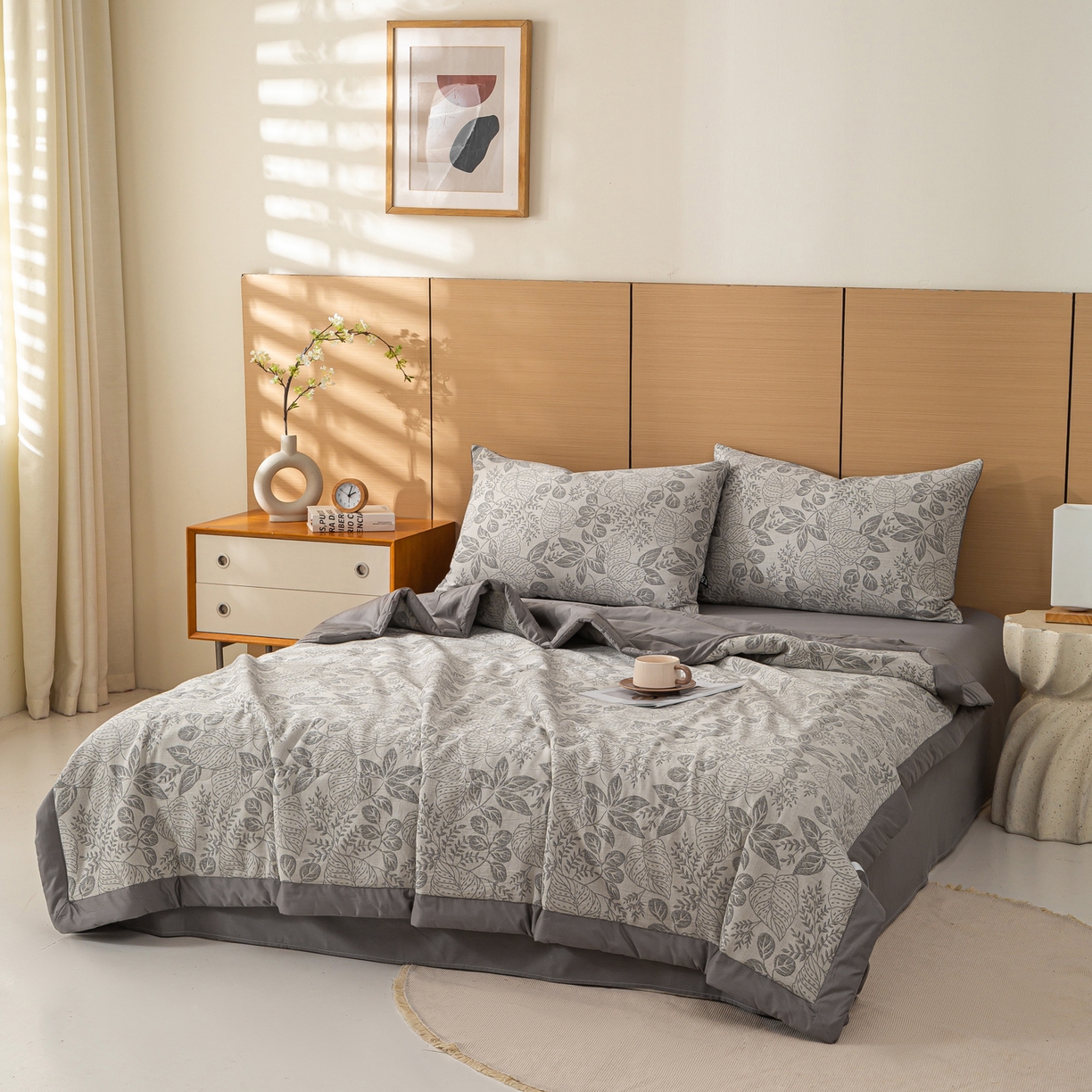 91家纺网 家纺一手货源 找家纺 恋人优选 2026新款全棉三层提花夏被空调被 茎叶时光-灰