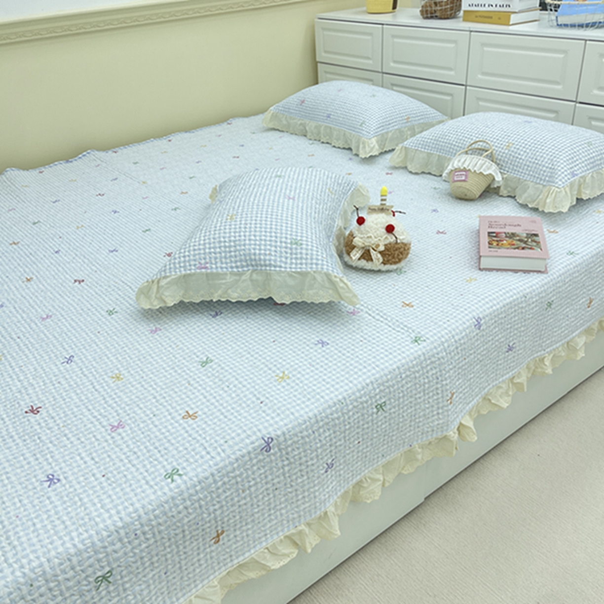 91家纺网 家纺一手货源 找家纺 禧瑞谷 2026法式纯棉绗缝全棉榻榻米床盖防滑加厚纯棉床单夹棉三件套床盖纯棉东北农大炕盖 格子蝴蝶结