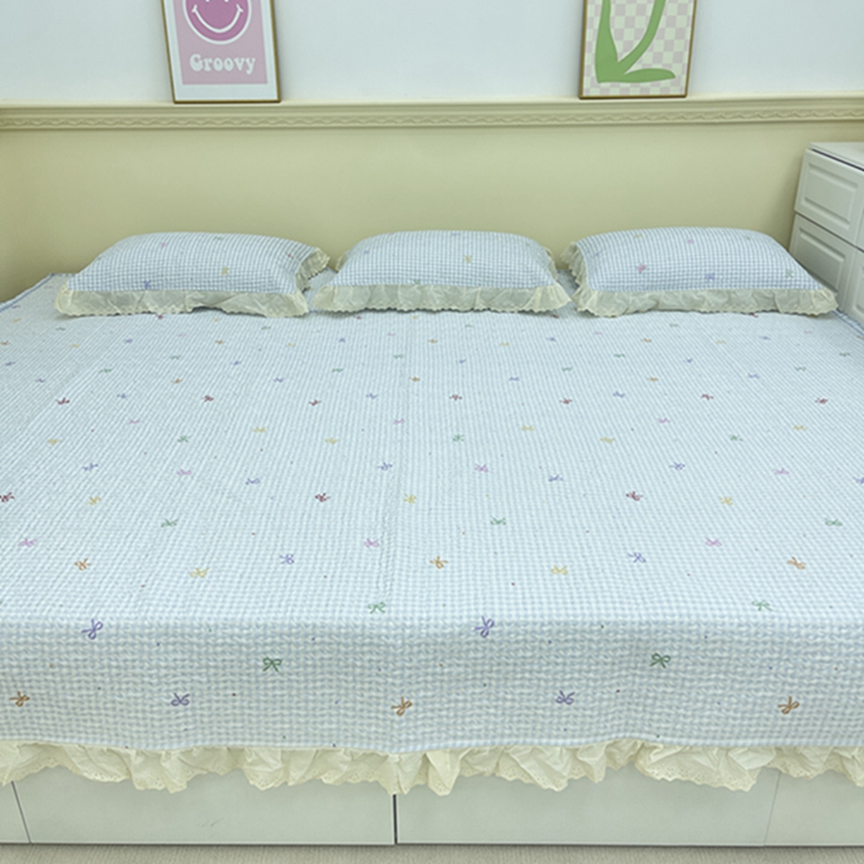 91家纺网 家纺一手货源 找家纺 禧瑞谷 2026法式纯棉绗缝全棉榻榻米床盖防滑加厚纯棉床单夹棉三件套床盖纯棉东北农大炕盖 格子蝴蝶结