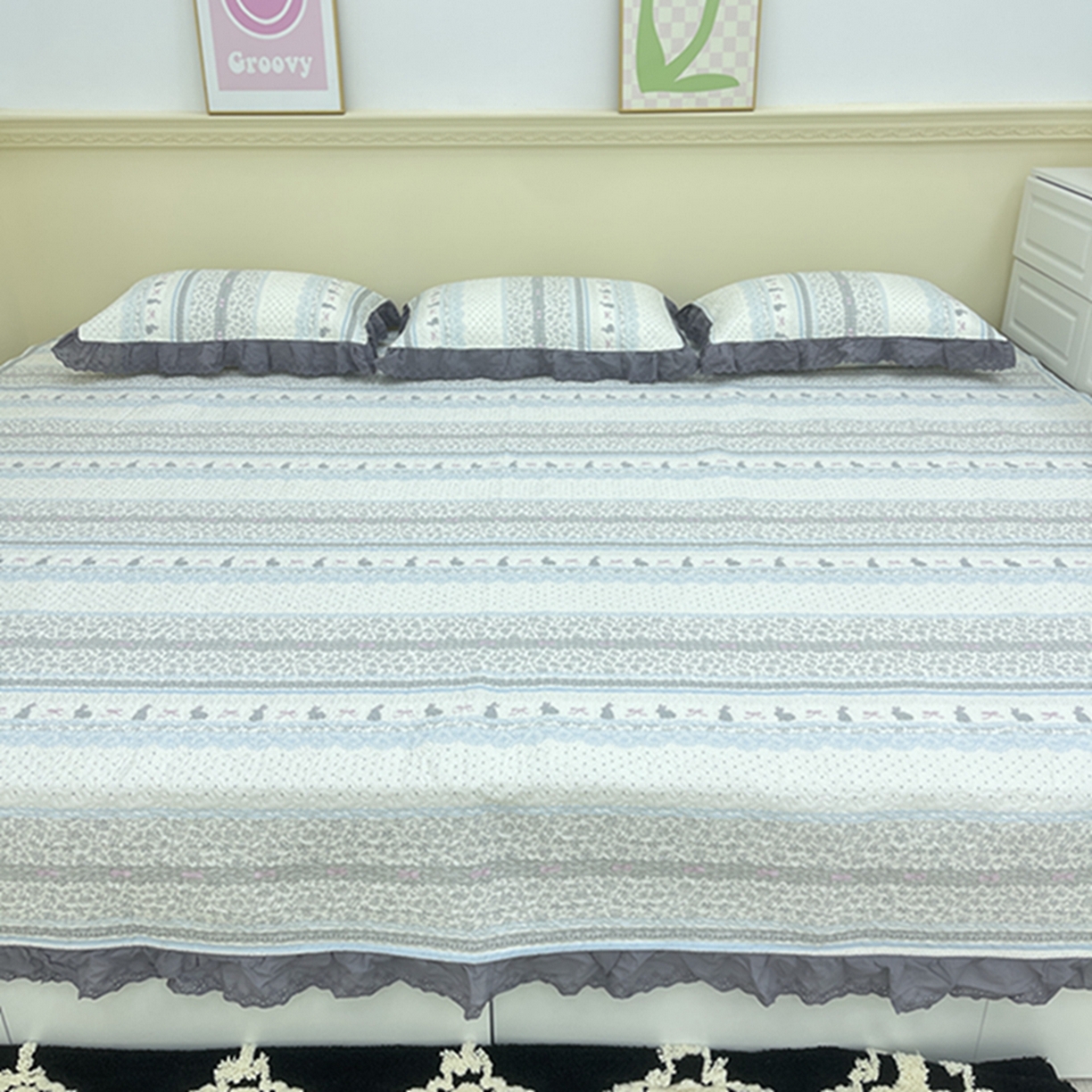 91家纺网 家纺一手货源 找家纺 禧瑞谷 2026法式纯棉绗缝全棉榻榻米床盖防滑加厚纯棉床单夹棉三件套床盖纯棉东北农大炕盖 海盐兔