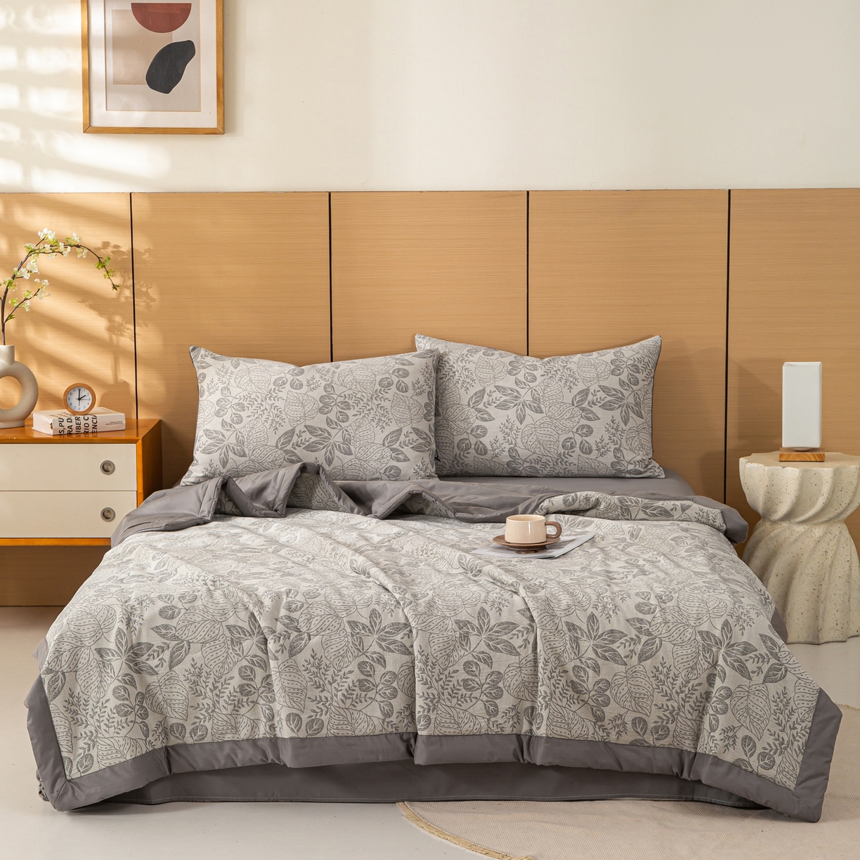 91家纺网 家纺一手货源 找家纺 恋人优选 2026新款全棉三层提花夏被空调被 茎叶时光-灰