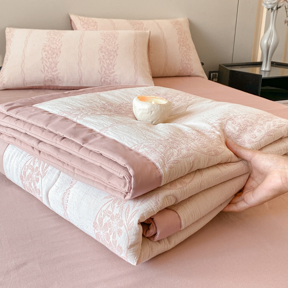 恋人优选 2026新款全棉三层提花夏被空调被 花蔓吟-粉