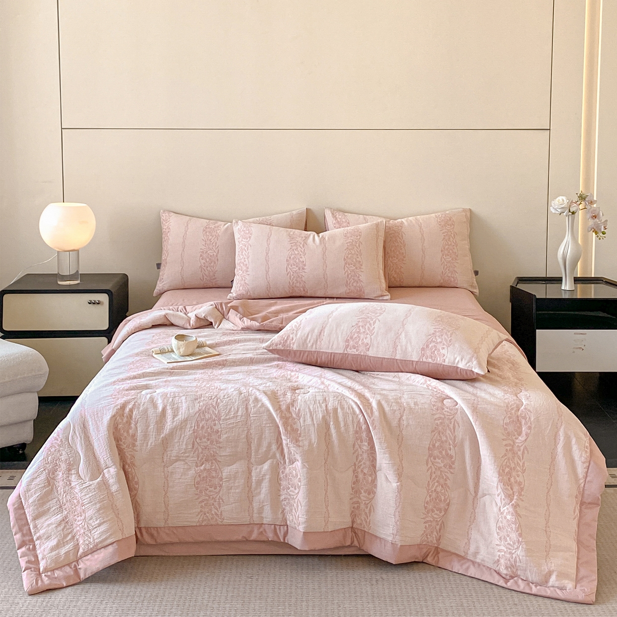 91家纺网 家纺一手货源 找家纺 恋人优选 2026新款全棉三层提花夏被空调被 花蔓吟-粉