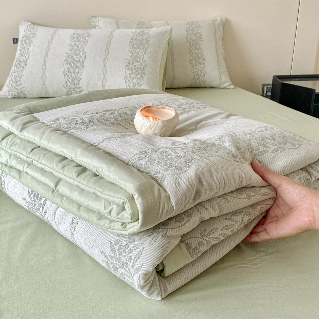 恋人优选 2026新款全棉三层提花夏被空调被 花蔓吟-绿
