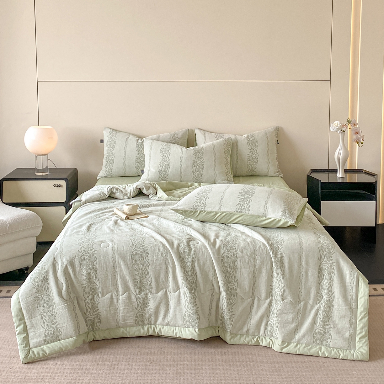 91家纺网 家纺一手货源 找家纺 恋人优选 2026新款全棉三层提花夏被空调被 花蔓吟-绿