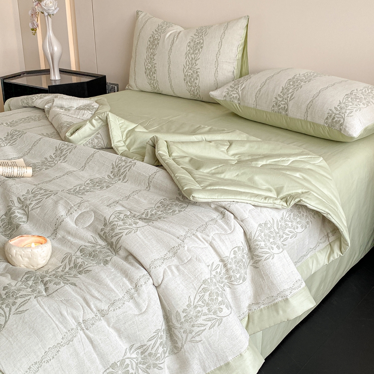 91家纺网 家纺一手货源 找家纺 恋人优选 2026新款全棉三层提花夏被空调被 花蔓吟-绿