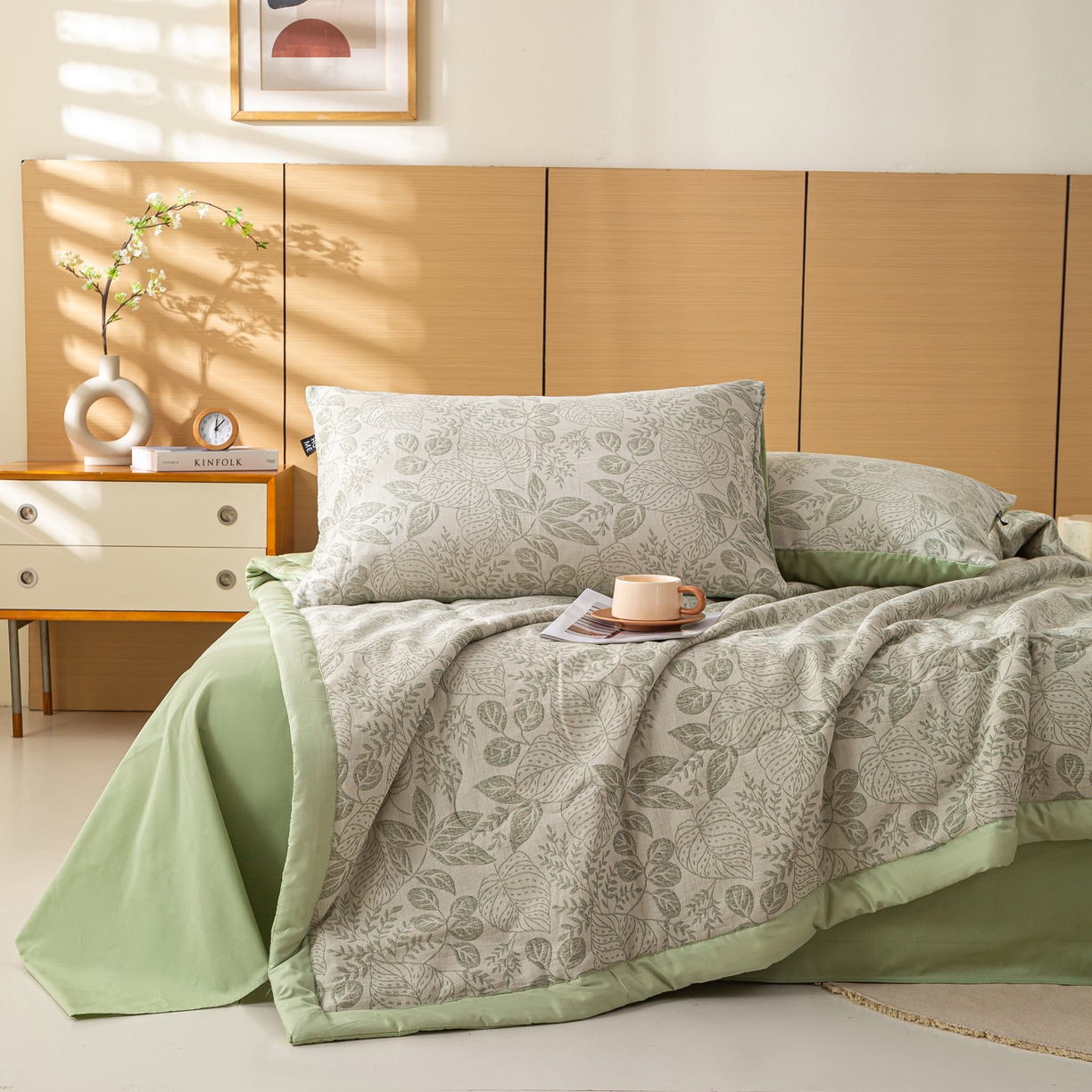 91家纺网 家纺一手货源 找家纺 恋人优选 2026新款全棉三层提花夏被空调被 茎叶时光-绿