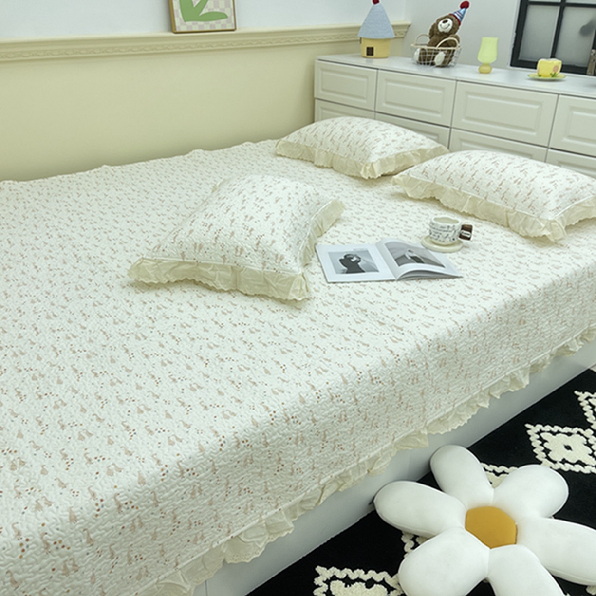 91家纺网 家纺一手货源 找家纺 禧瑞谷 2026法式纯棉绗缝全棉榻榻米床盖防滑加厚纯棉床单夹棉三件套床盖纯棉东北农大炕盖 可爱鹅