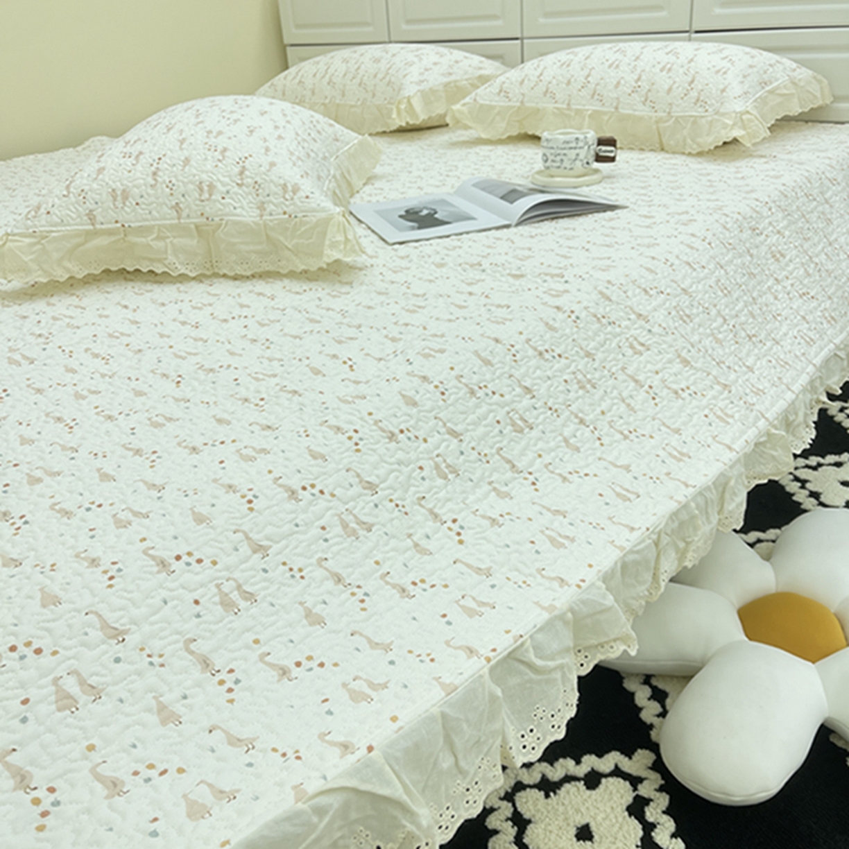 91家纺网 家纺一手货源 找家纺 禧瑞谷 2026法式纯棉绗缝全棉榻榻米床盖防滑加厚纯棉床单夹棉三件套床盖纯棉东北农大炕盖 可爱鹅