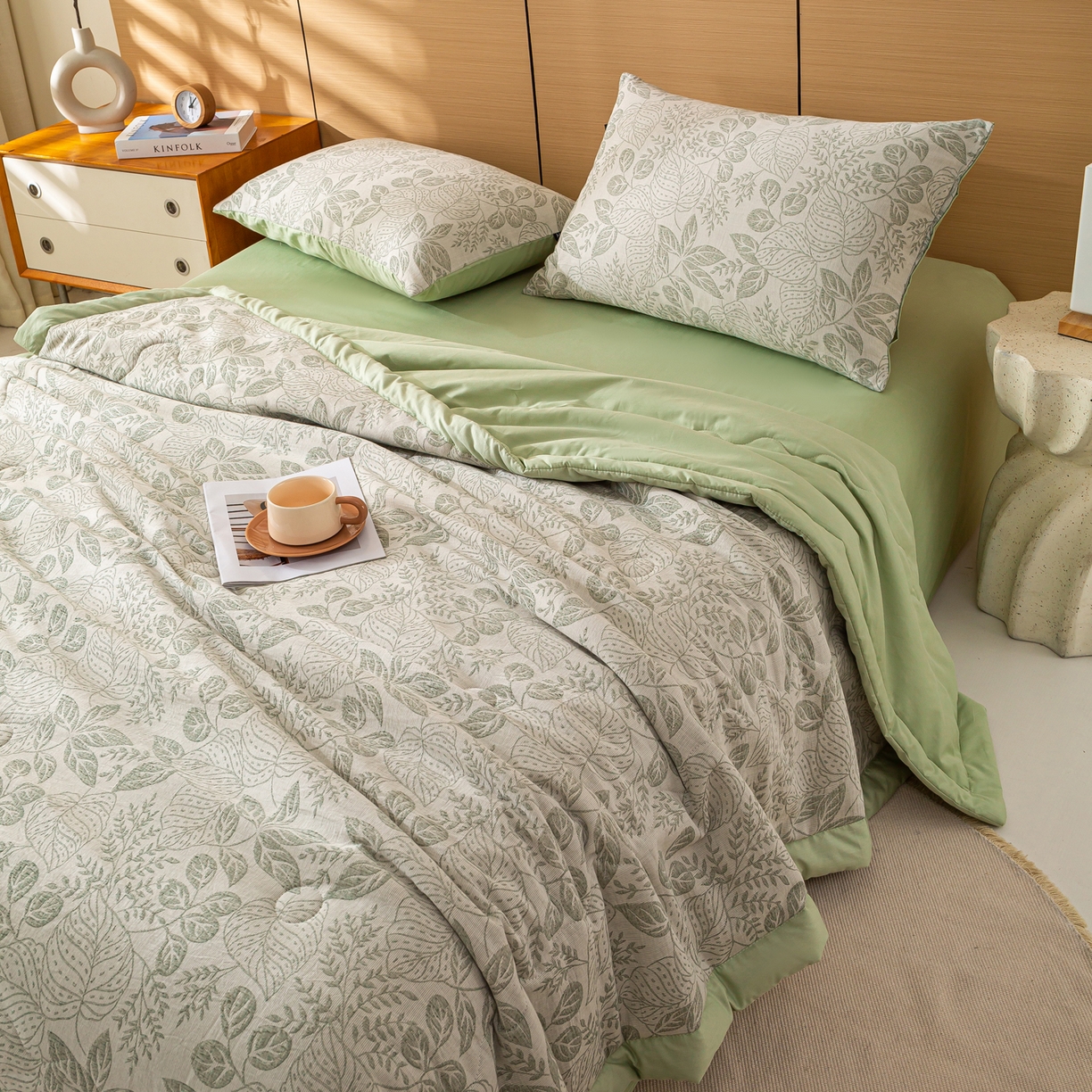 91家纺网 家纺一手货源 找家纺 恋人优选 2026新款全棉三层提花夏被空调被 茎叶时光-绿