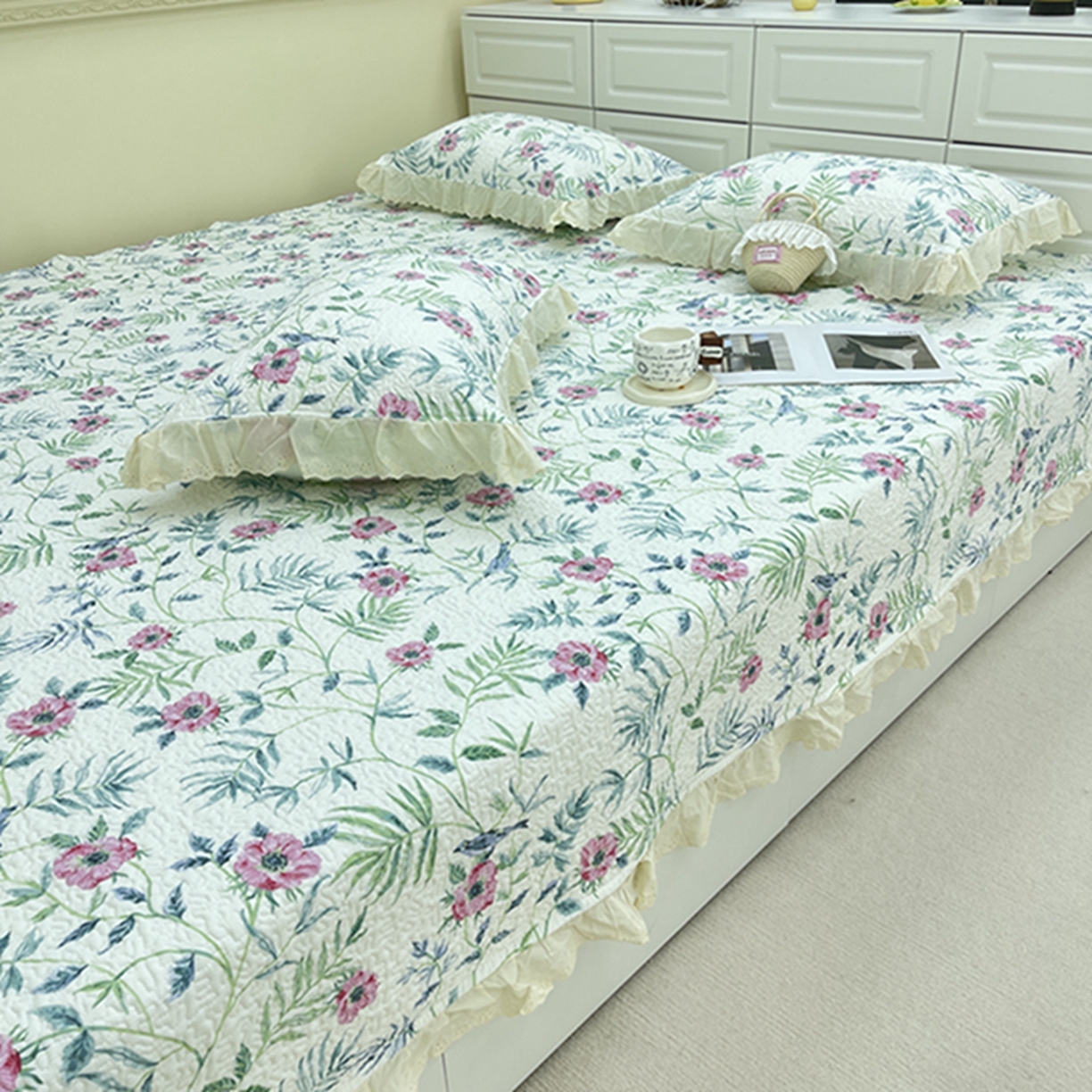 91家纺网 家纺一手货源 找家纺 禧瑞谷 2026法式纯棉绗缝全棉榻榻米床盖防滑加厚纯棉床单夹棉三件套床盖纯棉东北农大炕盖 林间花叙