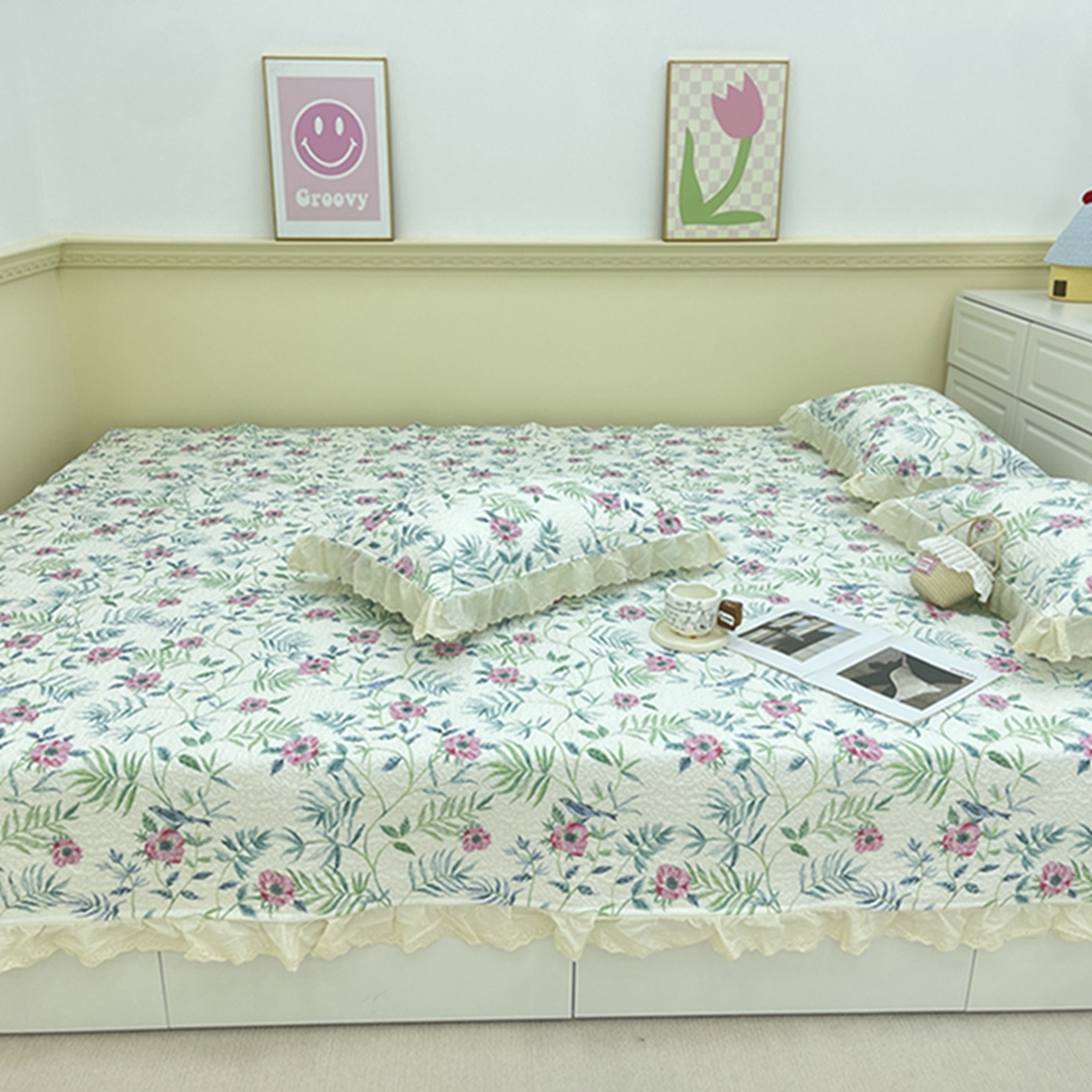 91家纺网 家纺一手货源 找家纺 禧瑞谷 2026法式纯棉绗缝全棉榻榻米床盖防滑加厚纯棉床单夹棉三件套床盖纯棉东北农大炕盖 林间花叙