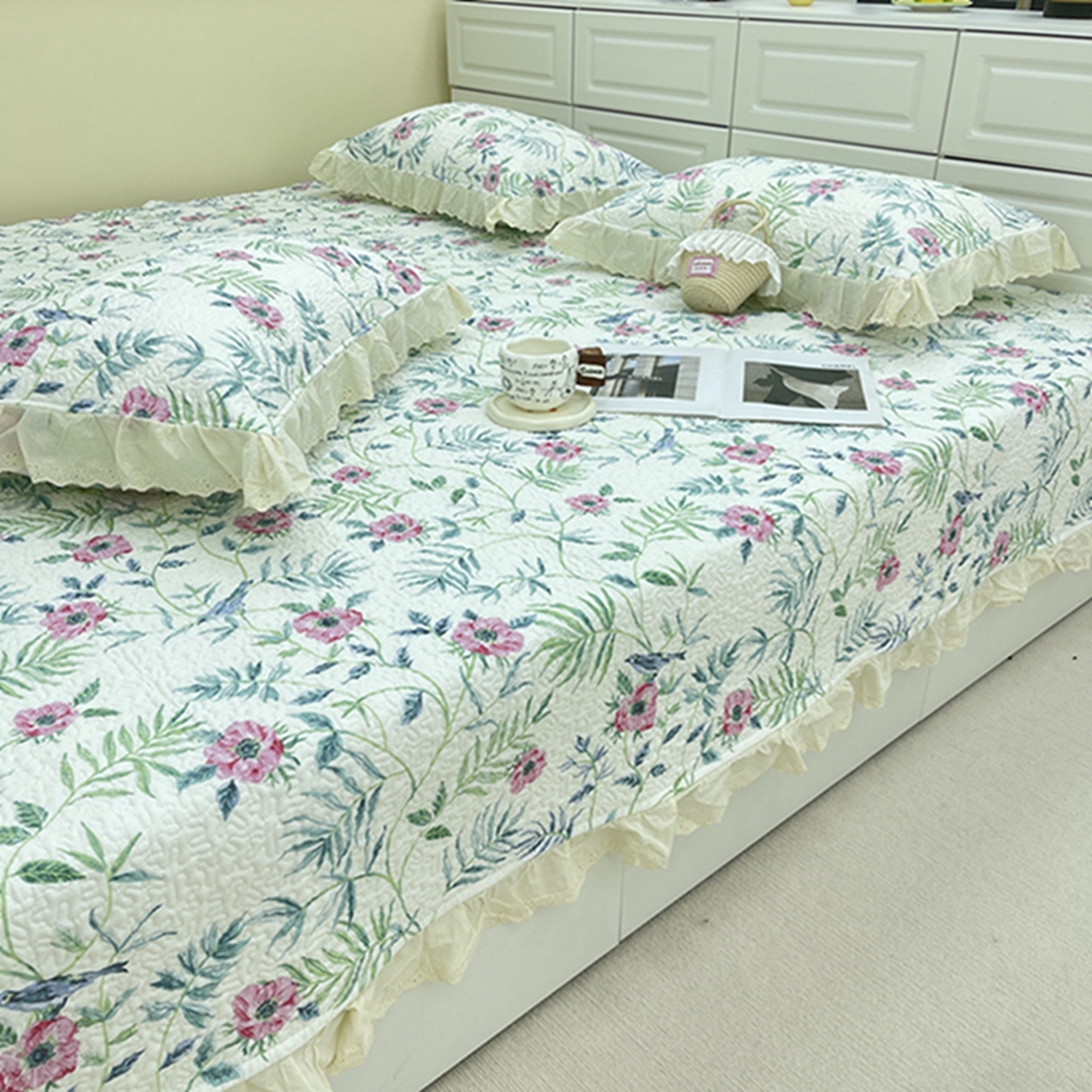 91家纺网 家纺一手货源 找家纺 禧瑞谷 2026法式纯棉绗缝全棉榻榻米床盖防滑加厚纯棉床单夹棉三件套床盖纯棉东北农大炕盖 林间花叙