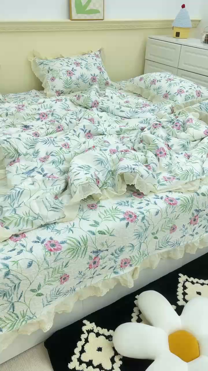 91家纺网 家纺一手货源 找家纺 禧瑞谷 2026法式纯棉绗缝全棉榻榻米床盖防滑加厚纯棉床单夹棉三件套床盖纯棉东北农大炕盖 林间花叙