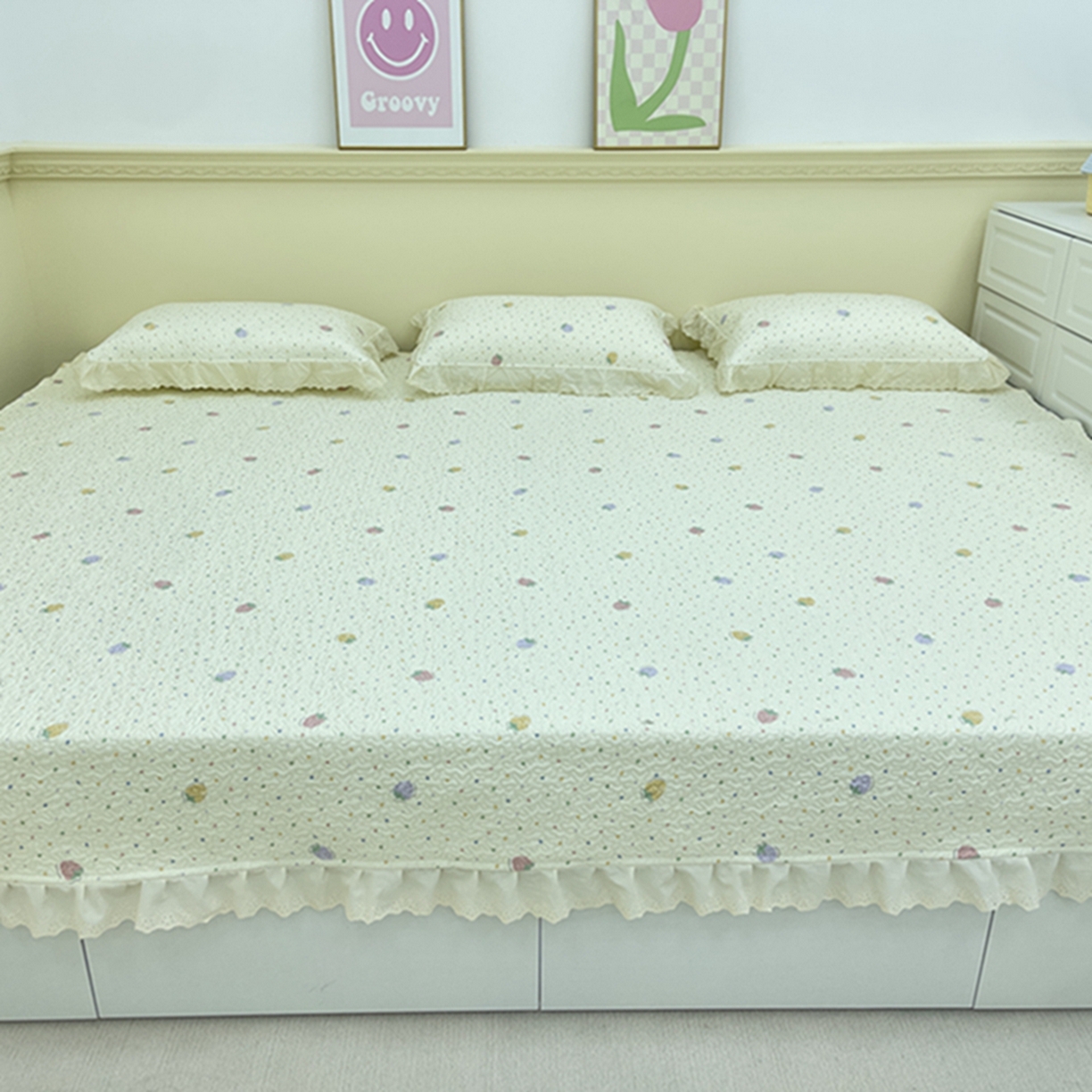 禧瑞谷 2026法式纯棉绗缝全棉榻榻米床盖防滑加厚纯棉床单夹棉三件套床盖纯棉东北农大炕盖 莓果点点