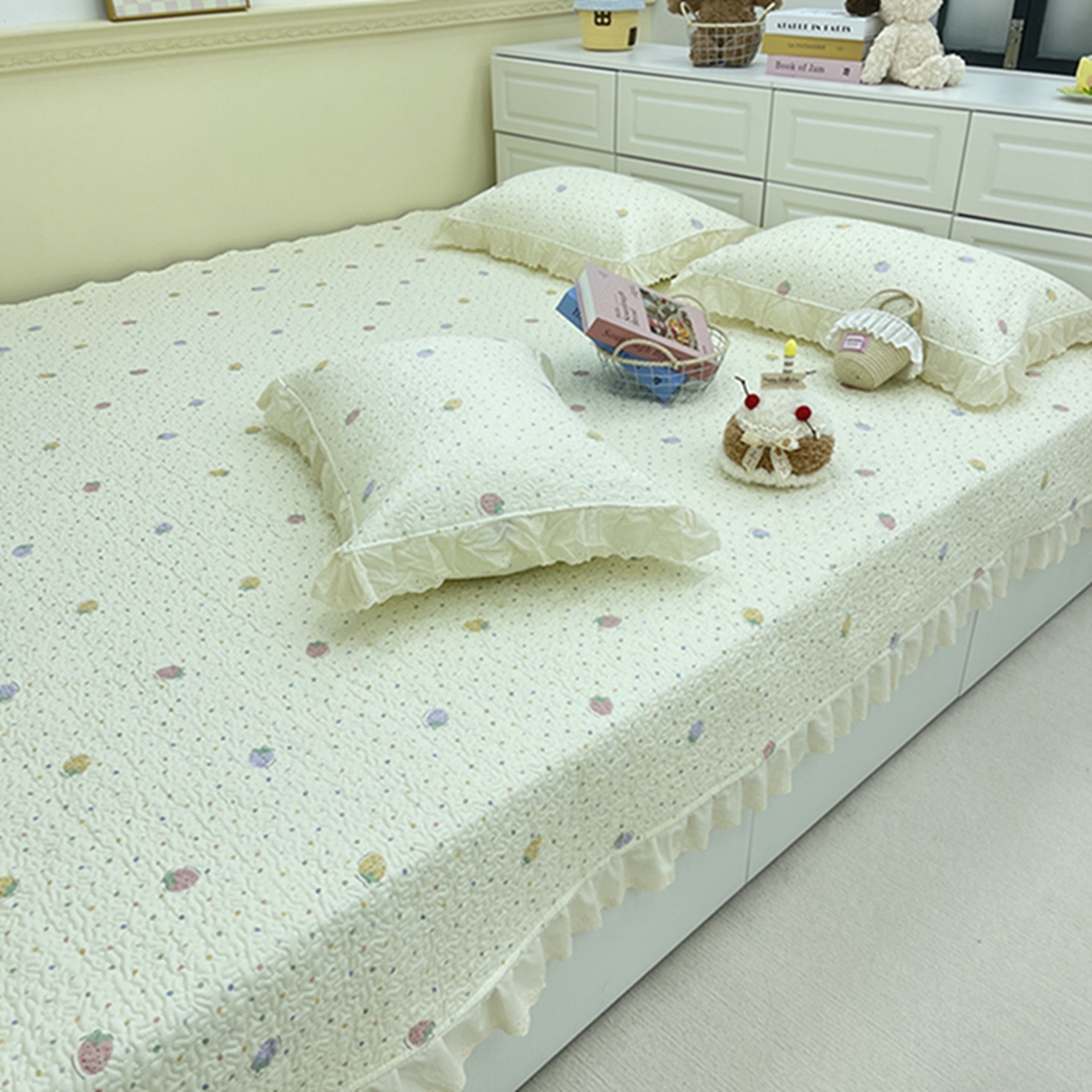 91家纺网 家纺一手货源 找家纺 禧瑞谷 2026法式纯棉绗缝全棉榻榻米床盖防滑加厚纯棉床单夹棉三件套床盖纯棉东北农大炕盖 莓果点点